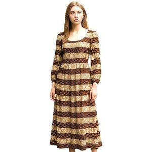 Vintage 70s Bohemian Maxi Dress Brown Floral Sz 36 (XS/S) Pleated Balloon Sleeve